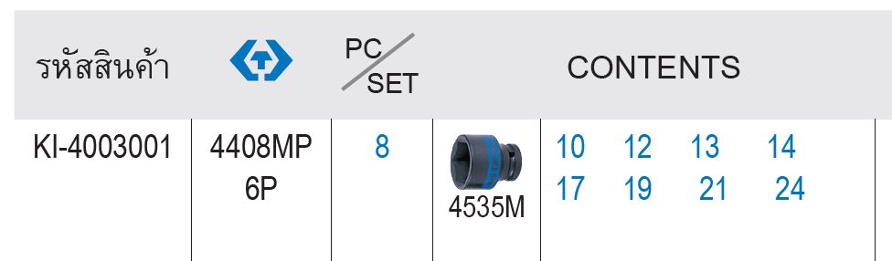 KINGTONY 4408MP ตรางขนาด ลูกบ๊อกลม สั้น 1/2” 8 ตัวชุด