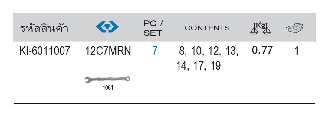 kingtony 12C7MRN ตรางขนาด ชุดประแจแหวนข้างปากตายตัวยาว 7 ตัว/ชุด