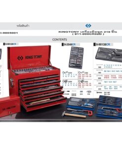 ตู้เครื่องมือช่าง King Tony สีแดงแบบ 6 ชั้น พร้อมชุดเครื่องมือ 219 ชิ้น จัดวางเรียงในถาดพลาสติกหล่ออย่างเป็นระเบียบ พร้อมกล่องเครื่องมือเหล็กขนาดเล็ก