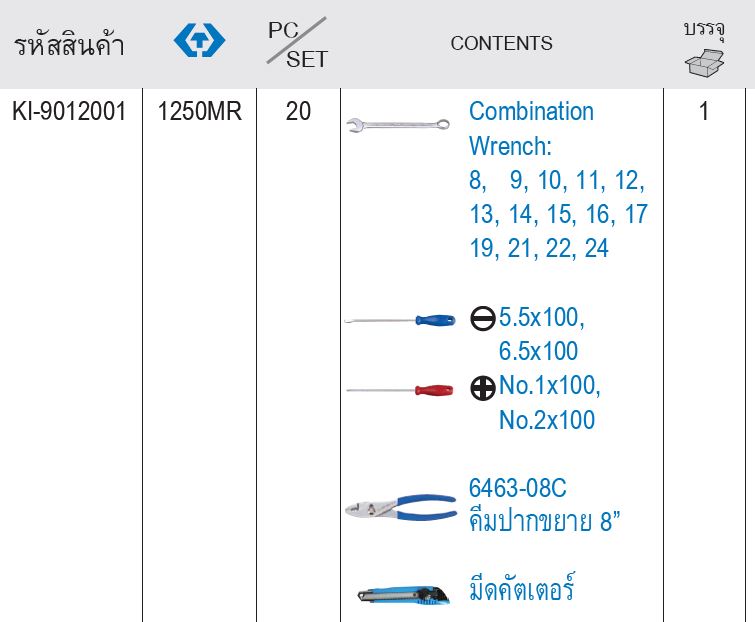 Kingtony1250MR ตรางขนาด เครื่องมือชุด20ชิ้น