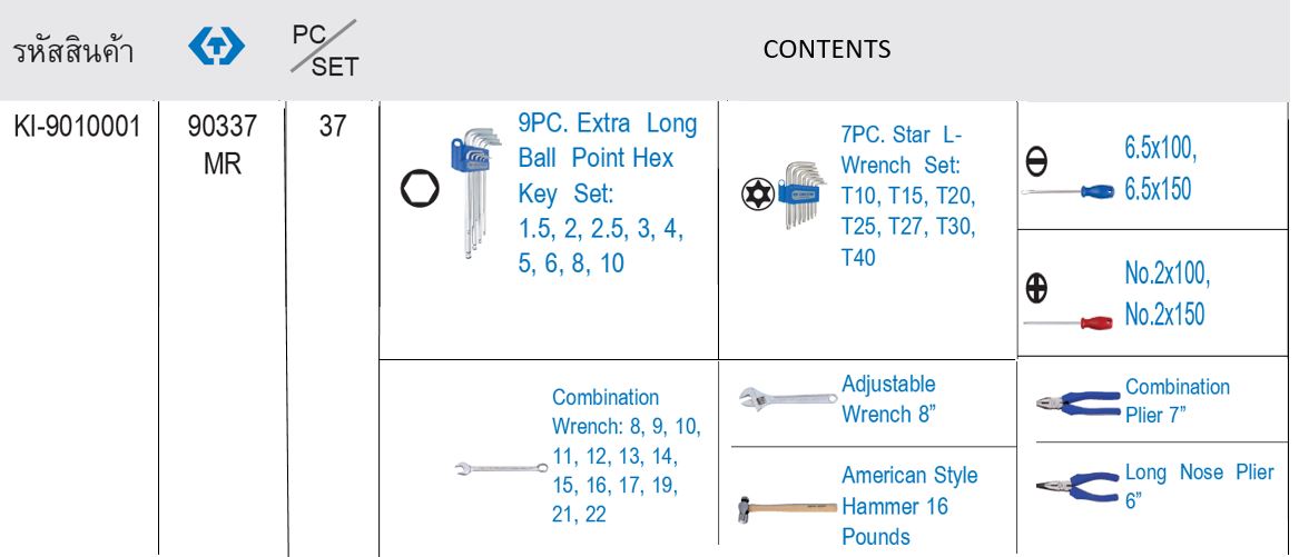 Kingtony9033MR ตรางขนาด เครื่องมือชุด37ชิ้น