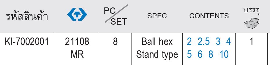 kingtony 21108MR ตรางขนาด ประแจหัวบอล ด้ามตัวT