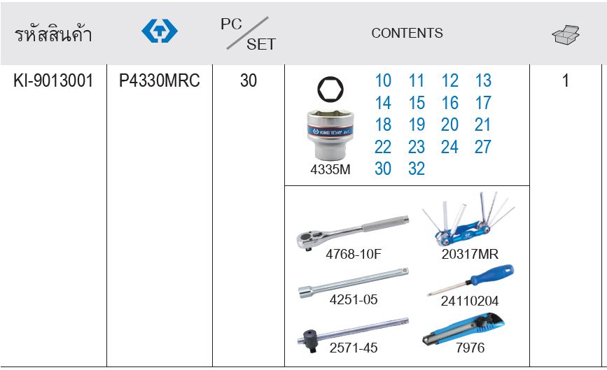 kingtony 4330MRC ตรางขนาด เครื่องมือชุด 30 ชิ้น