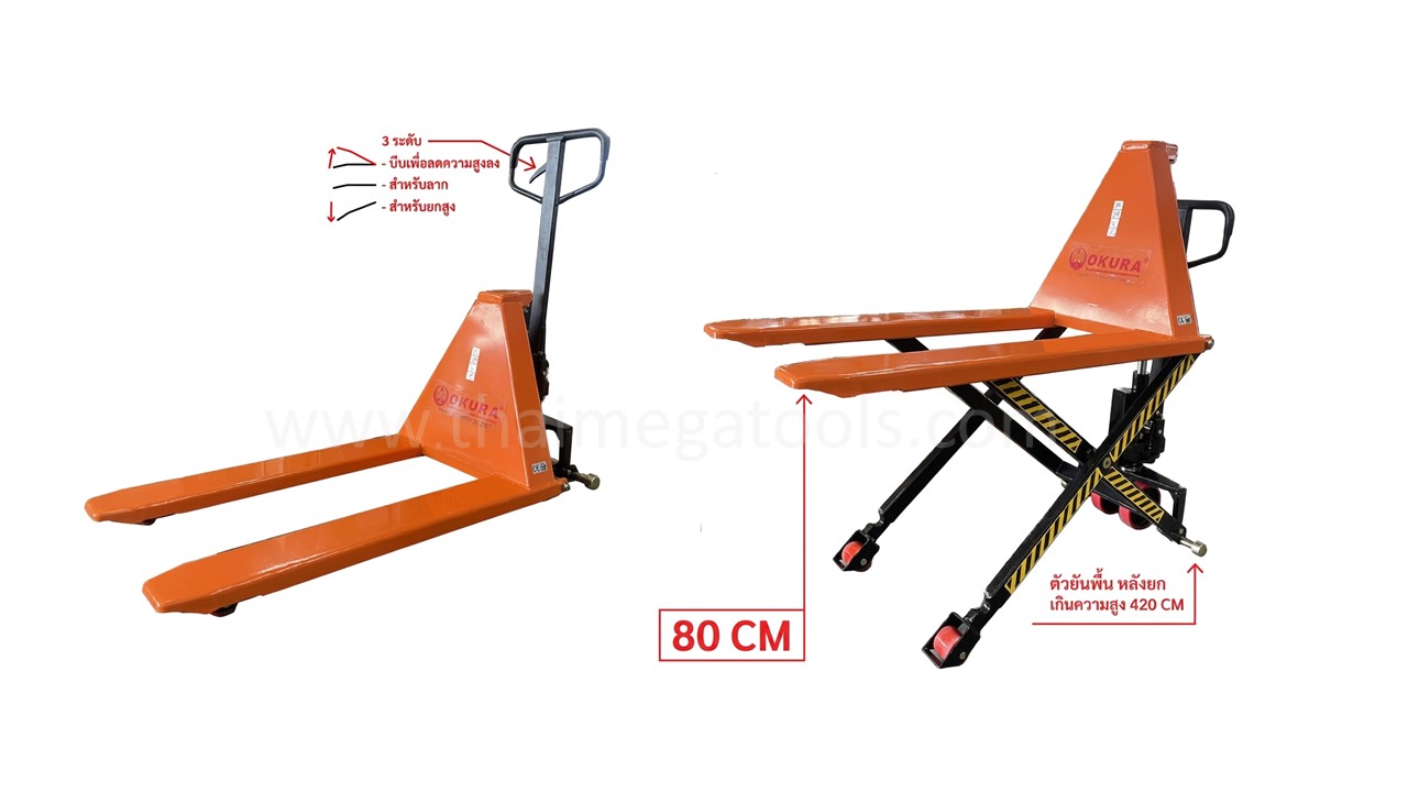 ขนาดสัดส่วนรถลากพาเลทยกสูงด้านข้าง OKURA รุ่น E-HP-1500HL High Lift Pallet Truck Dimensions