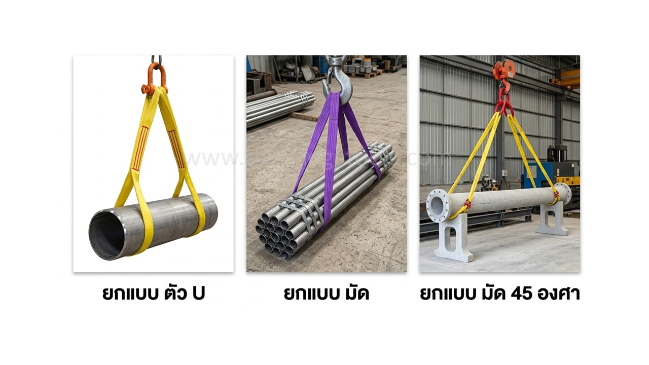 วิธีการยกวัตถุด้วยสลิงผ้าใบ OKURA แบบตัว U แบบมัด และแบบมัดทำมุม 45 องศา