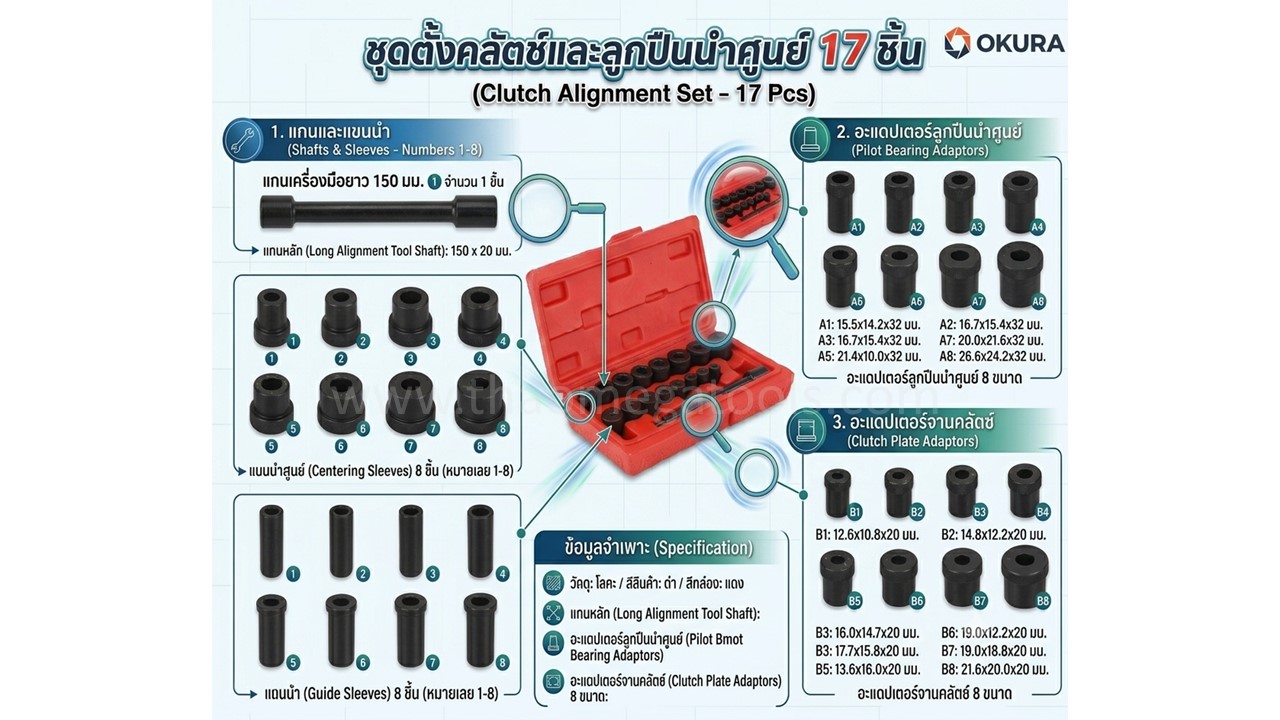 ชุดตั้งแผ่นคลัตช์ 17 ชิ้น OKURA รุ่น E-OK-AT035 เครื่องมือจัดศูนย์กลางคลัตช์คุณภาพสูง
