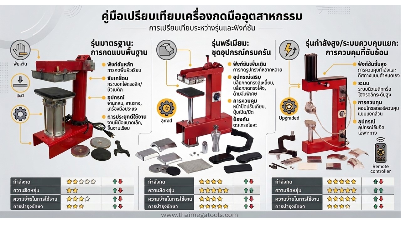 ตารางเปรียบเทียบคุณสมบัติเครื่องปะยางอัตโนมัติ OKURA รุ่น OK-006, OK-007 และ OK-008 เพื่อช่วยในการเลือกใช้งาน