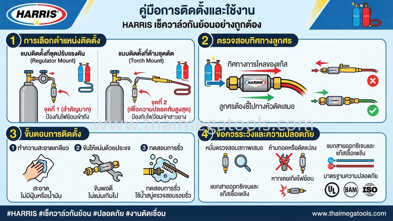 อินโฟกราฟิก วิธีการติดตั้งและใช้งานเช็ควาล์วกันย้อน HARRIS สำหรับชุดตัดแก๊ส อย่างปลอดภัย