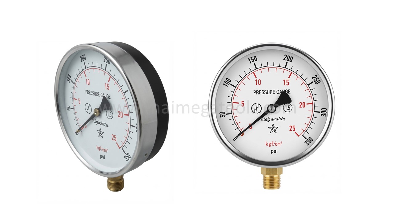 เกจวัดแรงดัน (Pressure Gauge) ยี่ห้อ OKURA ขนาดหน้าปัด 6 นิ้ว แสดงภาพมุมมองด้านหน้าและด้านข้าง