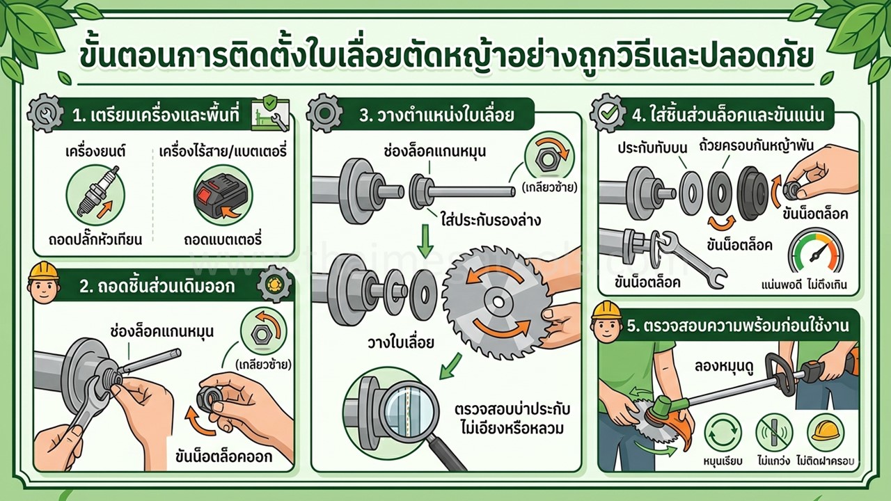 อินโฟกราฟิกขั้นตอนการติดตั้งใบเลื่อยตัดหญ้า OKURA ขนาด 9 นิ้ว และ 10 นิ้ว อย่างถูกวิธีและปลอดภัย