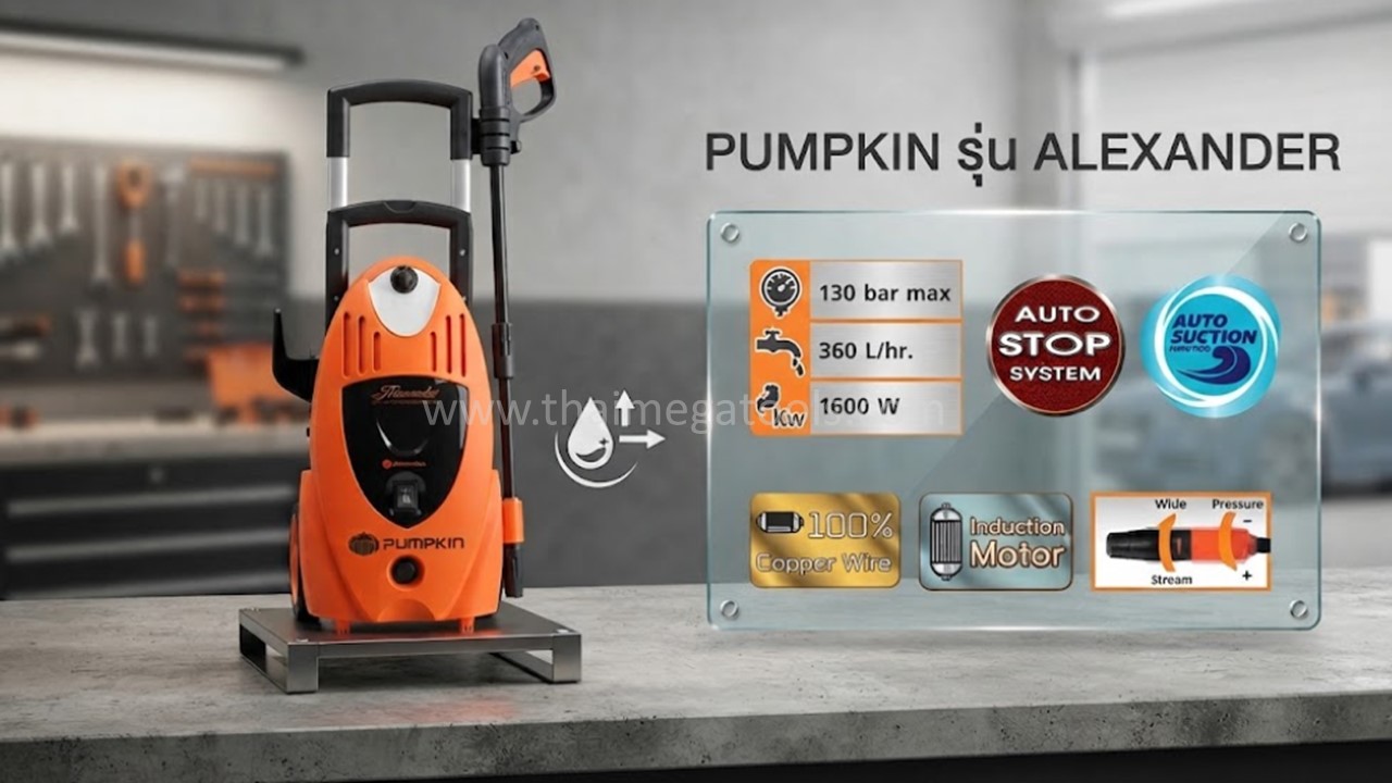 อินโฟกราฟิกแสดงคุณสมบัติและอุปกรณ์มาตรฐาน เครื่องฉีดน้ำแรงดันสูง PUMPKIN รุ่น CANNON