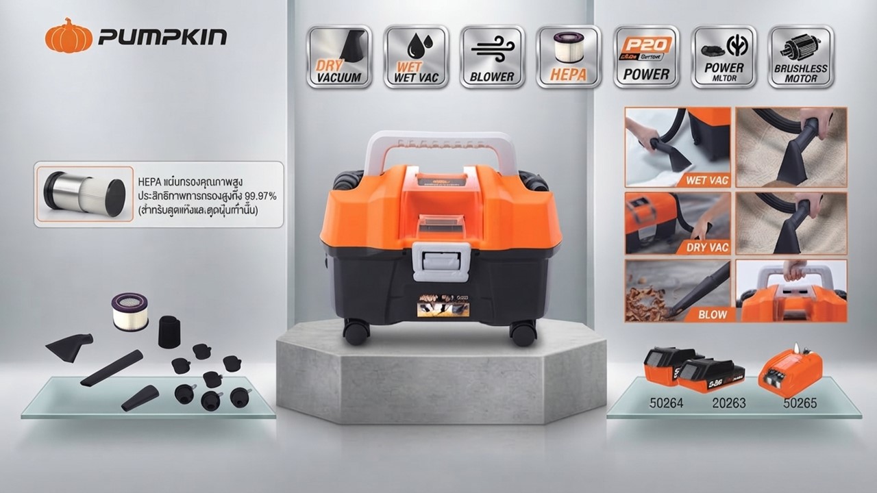 อินโฟกราฟิกคุณสมบัติเครื่องดูดฝุ่นดูดเปียกและแห้ง PUMPKIN 50328 พร้อมฟังก์ชันการทำงานและอุปกรณ์เสริม