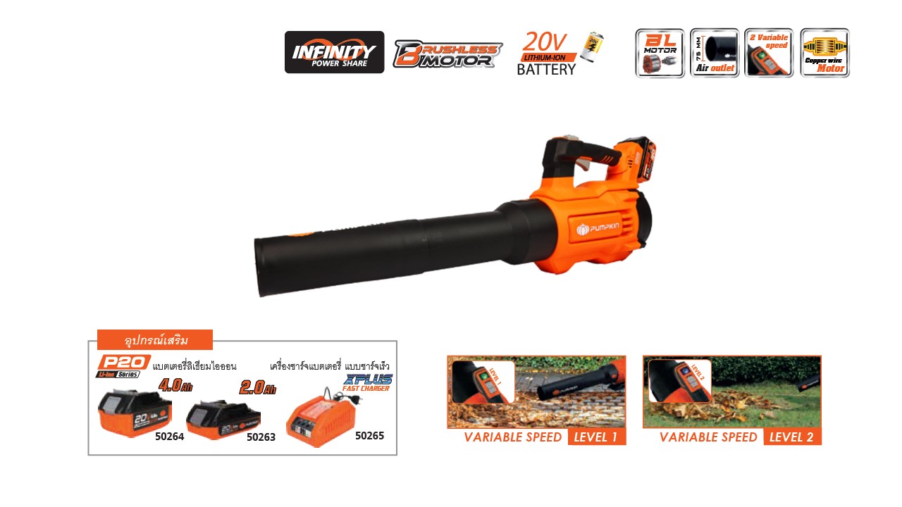 เครื่องเป่าลมใบไม้ไร้สาย PUMPKIN 50333 ไร้แปรงถ่าน (เครื่องเปล่า)-พร้อมอุปกรณ์