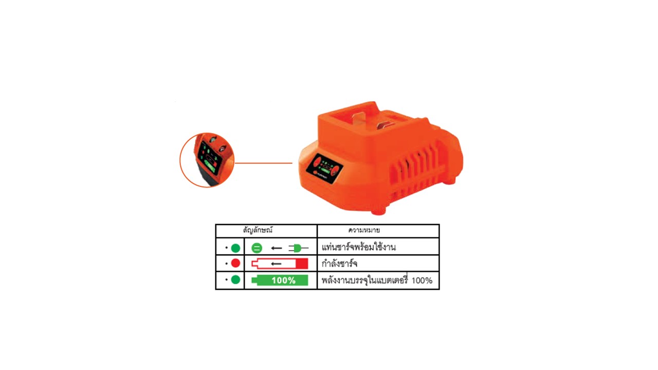 แท่นชาร์จแบตเตอรี่ PUMPKIN รุ่น 42326 สีส้ม แสดงลักษณะตัวเครื่องและไฟสถานะการชาร์จ