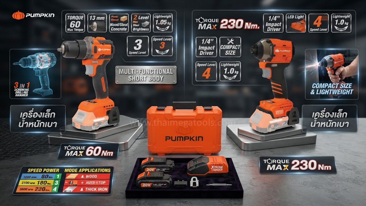 ชุดสว่านกระแทกและบล็อกกระแทกไร้สาย PUMPKIN รุ่น 50404 มอเตอร์ไร้แปรงถ่าน 20V พร้อมอุปกรณ์
