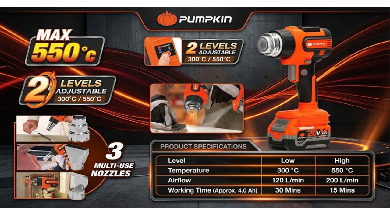 เครื่องเป่าลมร้อนไร้สาย PUMPKIN รุ่น 50455 ปรับความร้อนได้ 2 ระดับ