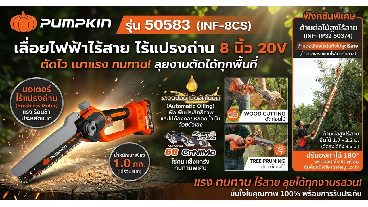 เลื่อยไฟฟ้าไร้สาย ไร้แปรงถ่าน 8 นิ้ว PUMPKIN รุ่น 50583 INF-8CS สรุปจุดเด่นและคุณสมบัติ