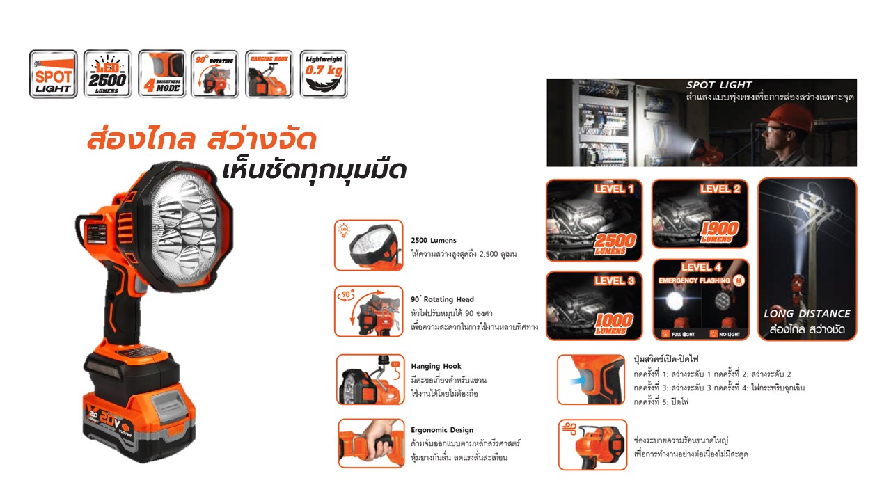 PUMPKIN รุ่น 50597 ไฟฉายสปอร์ตไลท์ LED 20V พร้อมฟังก์ชันส่องไกล 2500 ลูเมน ปรับหัวได้ 90 องศา และ 4 โหมดการใช้งาน