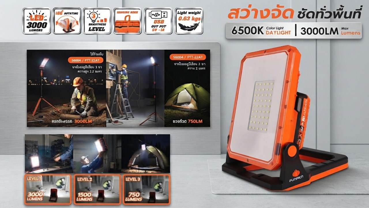 PUMPKIN รุ่น 50599 ไฟ LED ส่องทำงานแบบพับได้ ความสว่างสูงสุด 3000 ลูเมน พร้อมฟังก์ชันชาร์จ USB และขาตั้งที่ปรับได้ 180 องศา