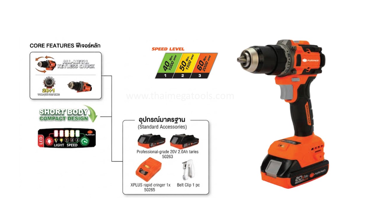อินโฟกราฟิกฟีเจอร์และคุณสมบัติสว่านไร้สาย 20V PUMPKIN รุ่น INF-13DCB-202K