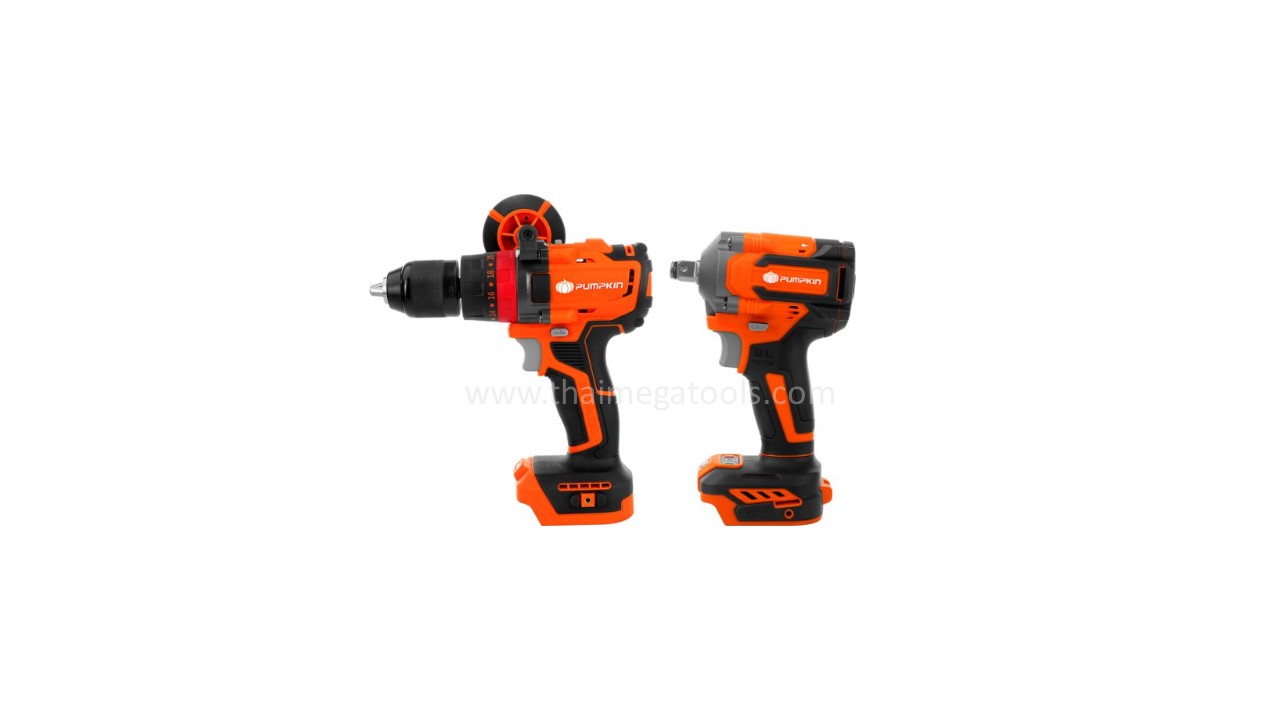 PUMPKIN ชุดสว่านกระแทกและบล็อกกระแทกไร้สาย รุ่น 50296, มอเตอร์ Brushless ไร้แปรงถ่าน ทรงพลัง แรงบิดสูง, ขนาดกะทัดรัด น้ำหนักเบา, ในชุดประกอบด้วย: สว่านกระแทก, บล็อกกระแทก, แบตเตอรี่ Li-ion 20V สองก้อน, เครื่องชาร์จ, ดอกไขควง, และกล่องเก็บของ PUMPKIN. พร้อมไฟ LED ส่องสว่างขณะทำงาน.
