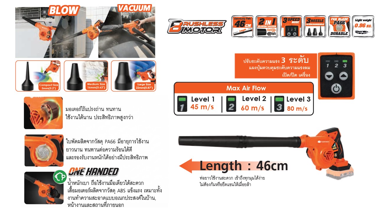 คุณสมบัติและฟังก์ชันเครื่องเป่าลม ดูดฝุ่นไร้สาย ไร้แปรงถ่าน PUMPKIN รุ่น 50549