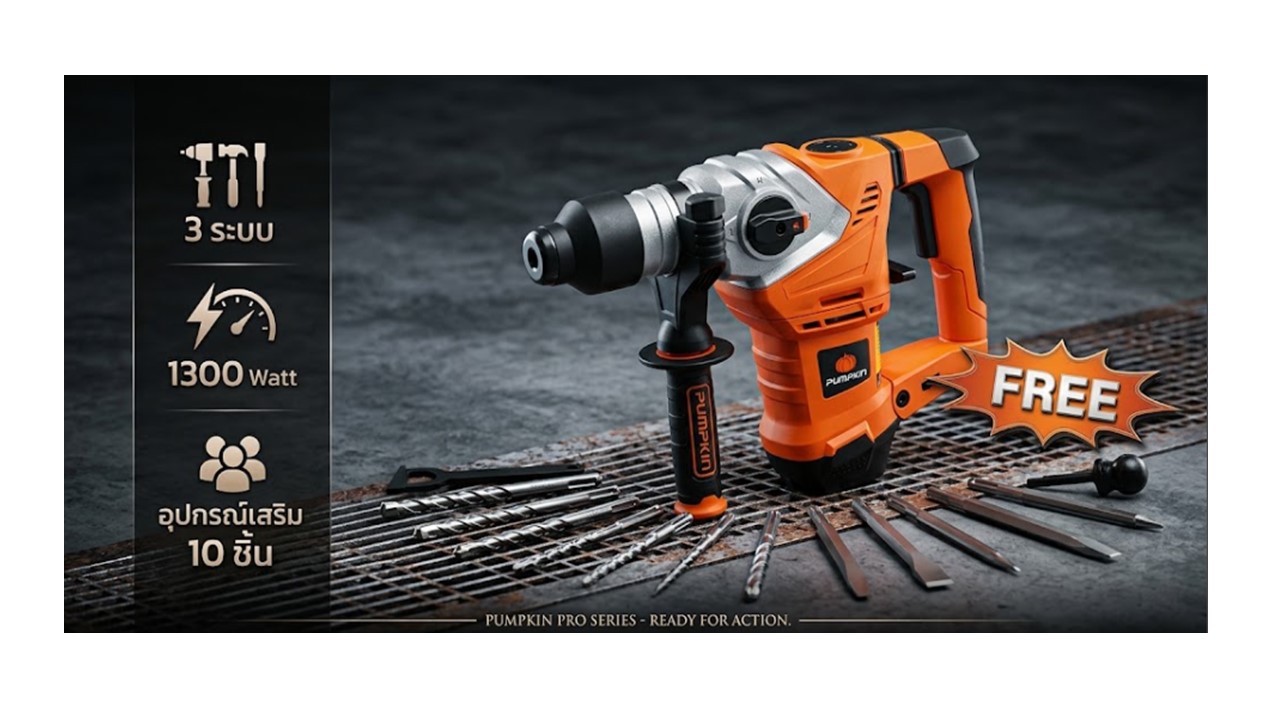 สว่านโรตารี่ PUMPKIN SDS-plus รุ่น 50149 ขนาด 32 มม. 1300W พร้อมอุปกรณ์เสริม